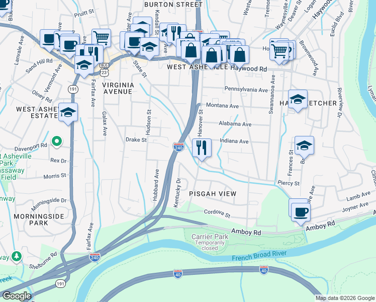 map of restaurants, bars, coffee shops, grocery stores, and more near 209 State Street in Asheville