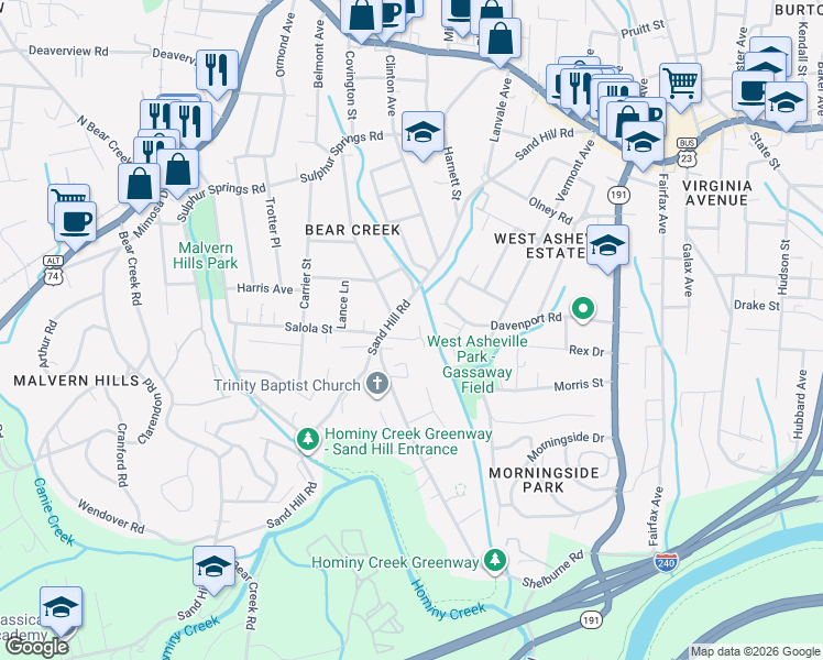 map of restaurants, bars, coffee shops, grocery stores, and more near 270 Sand Hill Road in Asheville