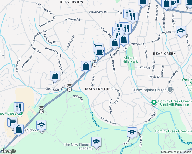 map of restaurants, bars, coffee shops, grocery stores, and more near 141 Arthur Road in Asheville