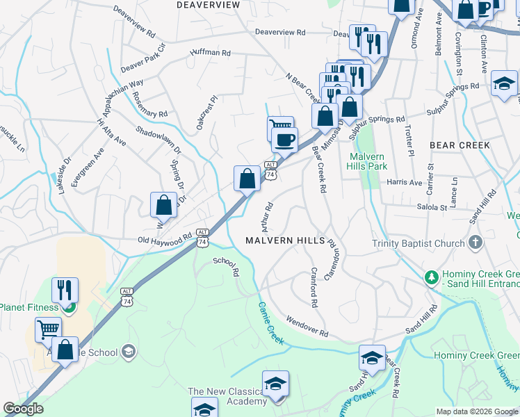 map of restaurants, bars, coffee shops, grocery stores, and more near 141 Arthur Road in Asheville