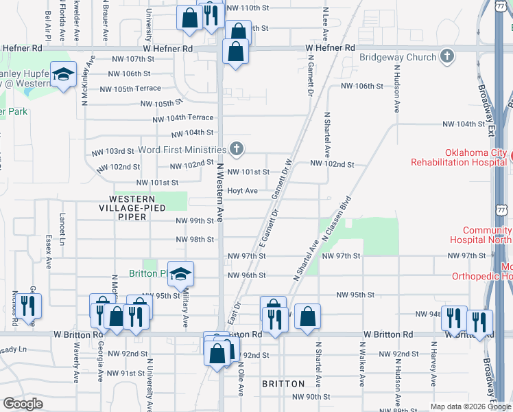 map of restaurants, bars, coffee shops, grocery stores, and more near 907 Northwest 100th Street in Oklahoma City