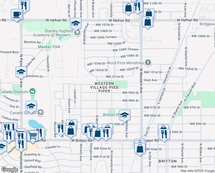 map of restaurants, bars, coffee shops, grocery stores, and more near 1300 Northwest 100th Street in Oklahoma City
