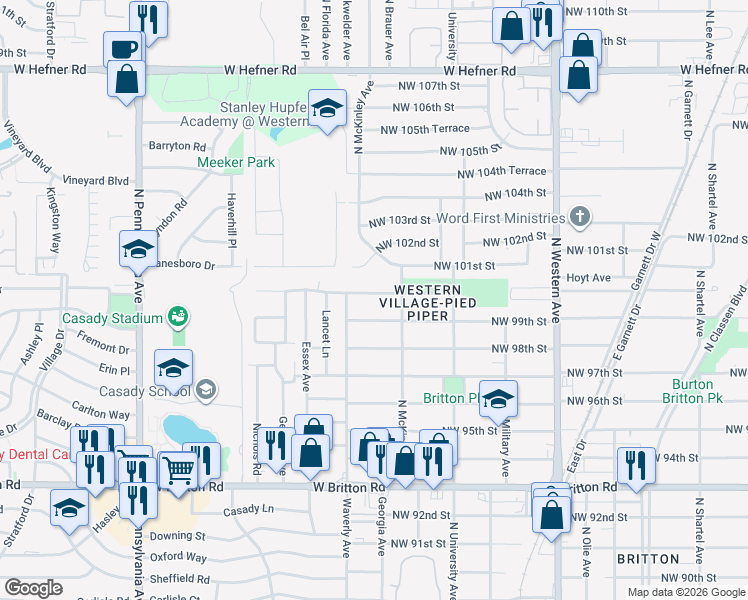 map of restaurants, bars, coffee shops, grocery stores, and more near 1421 Northwest 100th Street in Oklahoma City