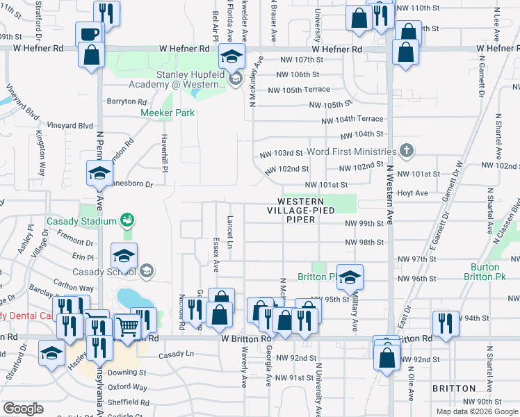 map of restaurants, bars, coffee shops, grocery stores, and more near 1421 Northwest 100th Street in Oklahoma City