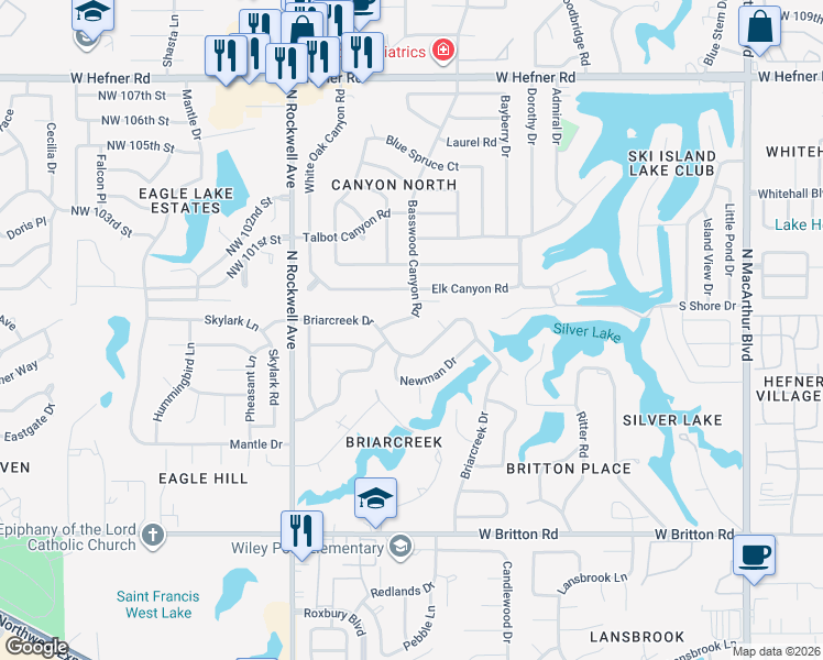 map of restaurants, bars, coffee shops, grocery stores, and more near 6704 Basswood Canyon Road in Oklahoma City