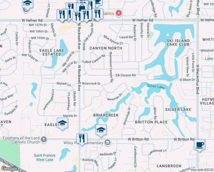 map of restaurants, bars, coffee shops, grocery stores, and more near 6901 Briarcreek Drive in Oklahoma City
