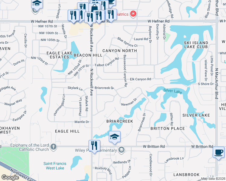 map of restaurants, bars, coffee shops, grocery stores, and more near 6901 Briarcreek Drive in Oklahoma City