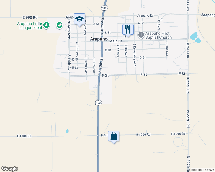 map of restaurants, bars, coffee shops, grocery stores, and more near 507 Lacy Terrace in Arapaho