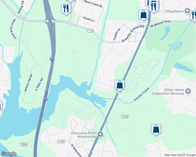 map of restaurants, bars, coffee shops, grocery stores, and more near 135 Beverly Chase Lane in Mooresville