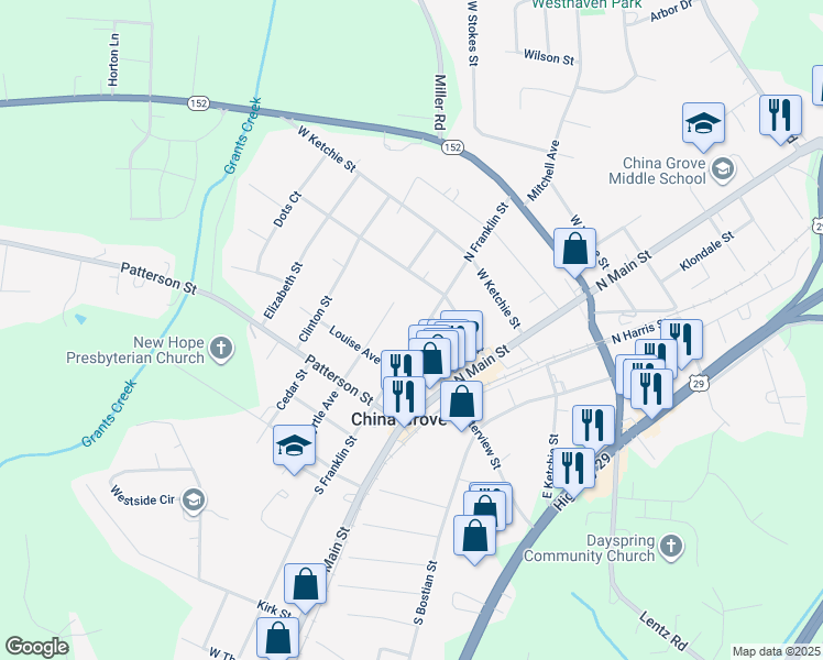 map of restaurants, bars, coffee shops, grocery stores, and more near 103 North Franklin Street in China Grove