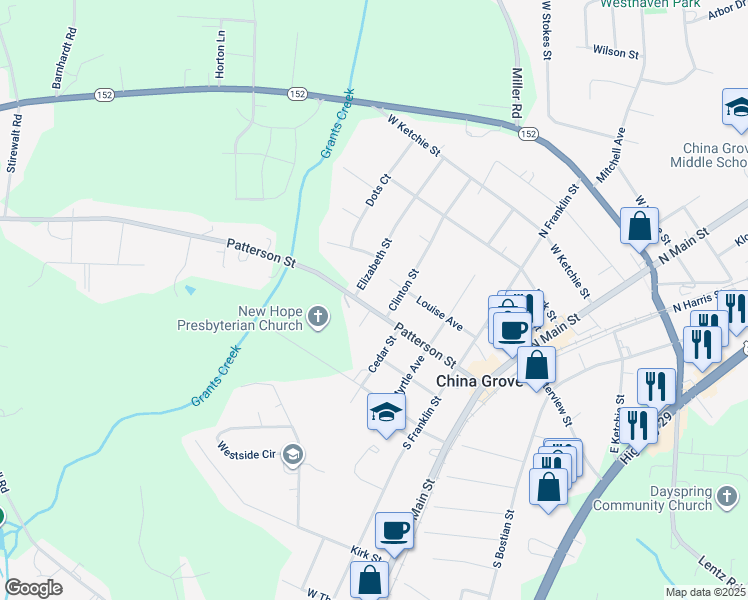 map of restaurants, bars, coffee shops, grocery stores, and more near 602 Patterson Street in China Grove
