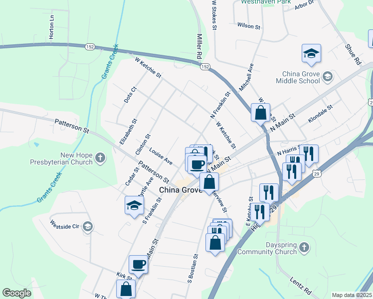 map of restaurants, bars, coffee shops, grocery stores, and more near 103 North Franklin Street in China Grove
