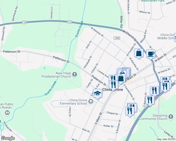 map of restaurants, bars, coffee shops, grocery stores, and more near 602 Patterson Street in China Grove