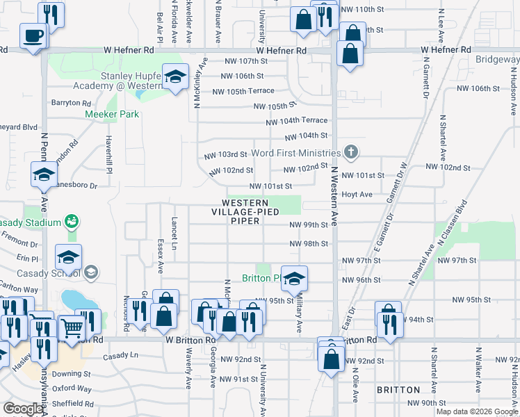 map of restaurants, bars, coffee shops, grocery stores, and more near 1300 Northwest 100th Street in Oklahoma City