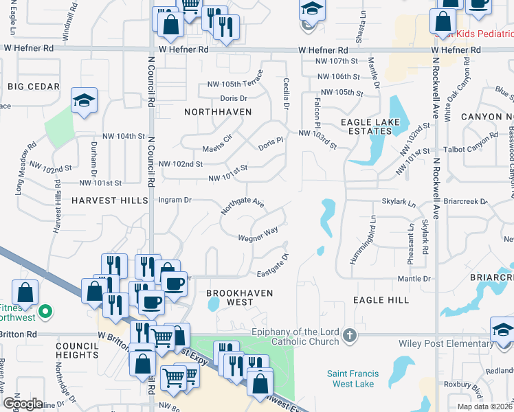 map of restaurants, bars, coffee shops, grocery stores, and more near 7616 Northgate Avenue in Oklahoma City