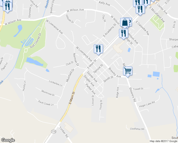 map of restaurants, bars, coffee shops, grocery stores, and more near 114 Doster Avenue in Mooresville