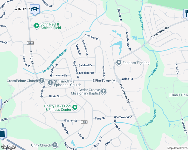 map of restaurants, bars, coffee shops, grocery stores, and more near 114 Excaliber Drive in Greenville