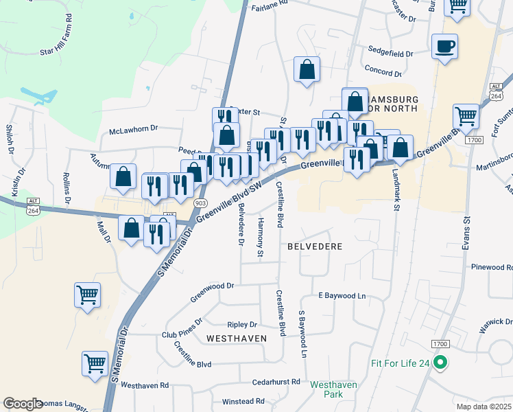 map of restaurants, bars, coffee shops, grocery stores, and more near 201 Placid Way in Greenville