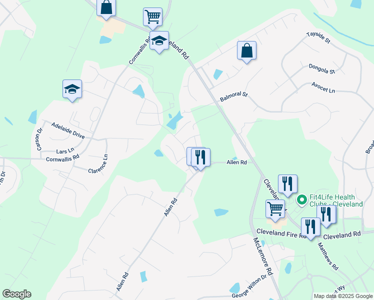 map of restaurants, bars, coffee shops, grocery stores, and more near 499 Royal Oak Lane in Garner