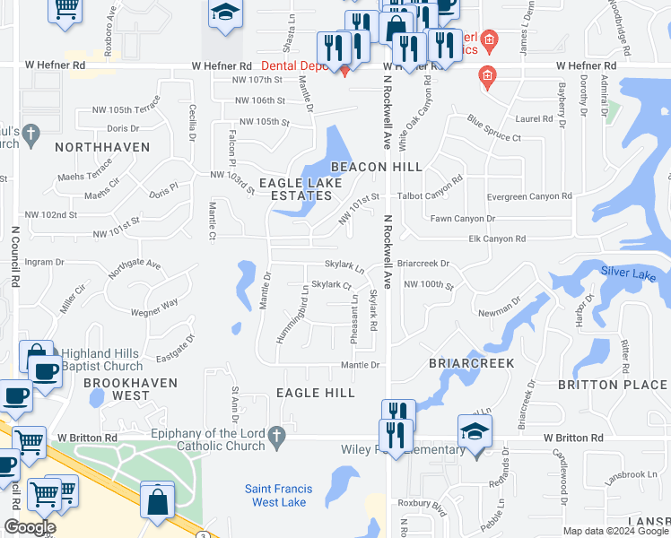 map of restaurants, bars, coffee shops, grocery stores, and more near 7236 Skylark Lane in Oklahoma City