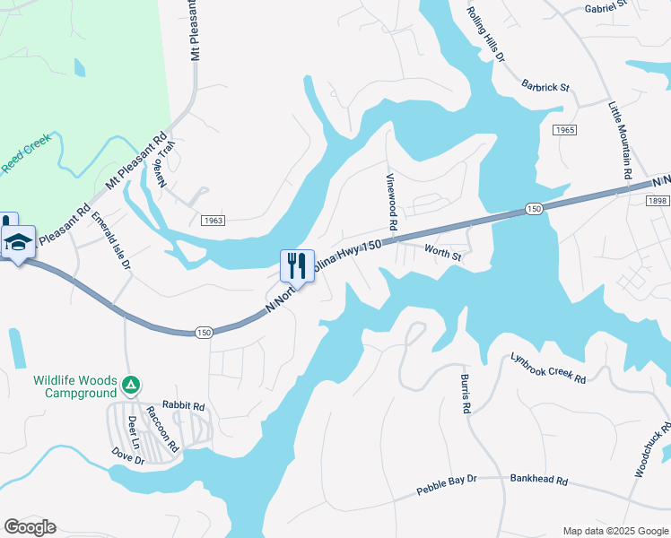 map of restaurants, bars, coffee shops, grocery stores, and more near 6779 East Nc 150 Highway in Maiden