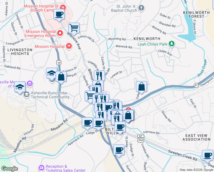 map of restaurants, bars, coffee shops, grocery stores, and more near 225 Bowling Park Road in Asheville