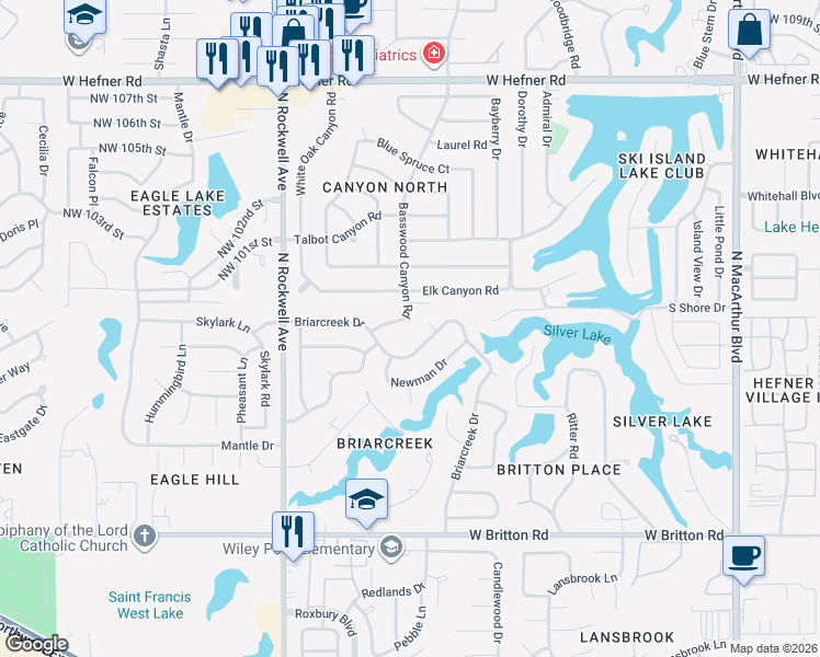 map of restaurants, bars, coffee shops, grocery stores, and more near 6704 Basswood Canyon Road in Oklahoma City