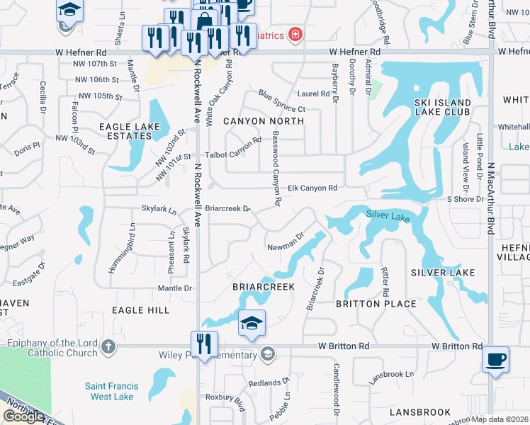 map of restaurants, bars, coffee shops, grocery stores, and more near 6901 Briarcreek Drive in Oklahoma City