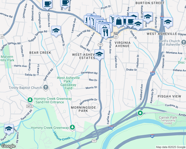 map of restaurants, bars, coffee shops, grocery stores, and more near 26 Davenport Road in Asheville