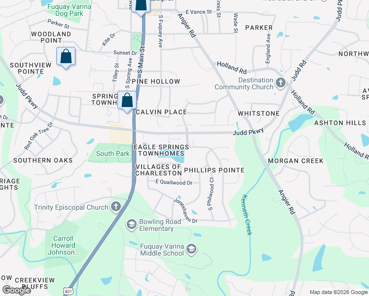 map of restaurants, bars, coffee shops, grocery stores, and more near 390 South Willhaven Drive in Fuquay-Varina