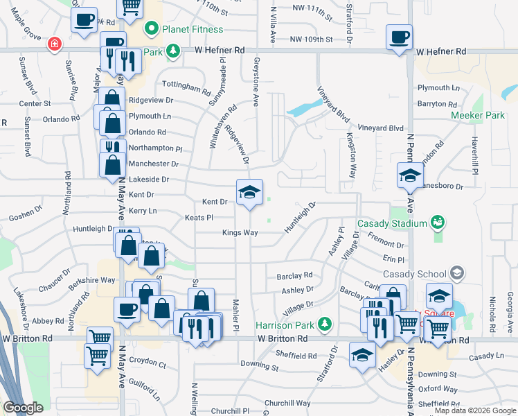 map of restaurants, bars, coffee shops, grocery stores, and more near 10010 Ridgeview Drive in The Village