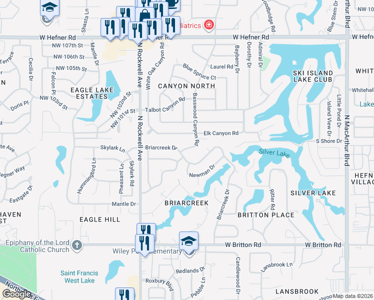 map of restaurants, bars, coffee shops, grocery stores, and more near 6901 Briarcreek Drive in Oklahoma City