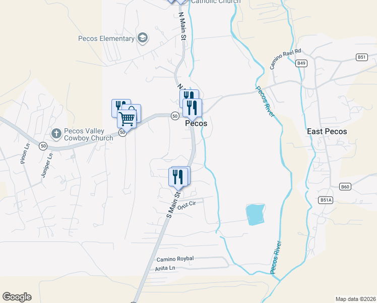 map of restaurants, bars, coffee shops, grocery stores, and more near 24 South Main Street in Pecos