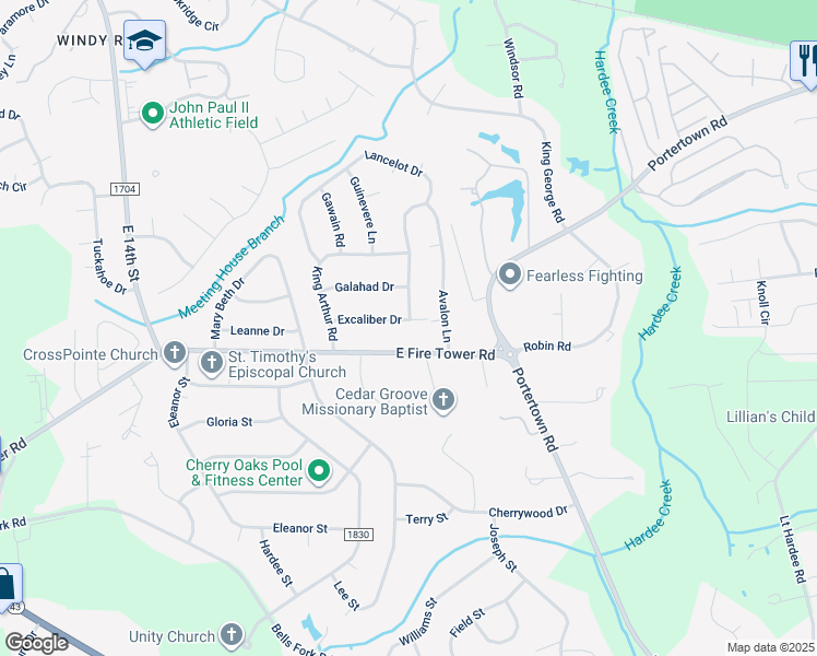 map of restaurants, bars, coffee shops, grocery stores, and more near 116 Excaliber Drive in Greenville