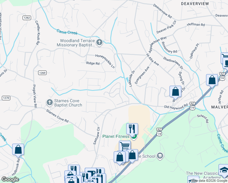 map of restaurants, bars, coffee shops, grocery stores, and more near 313 Iron Ridge Loop in Asheville
