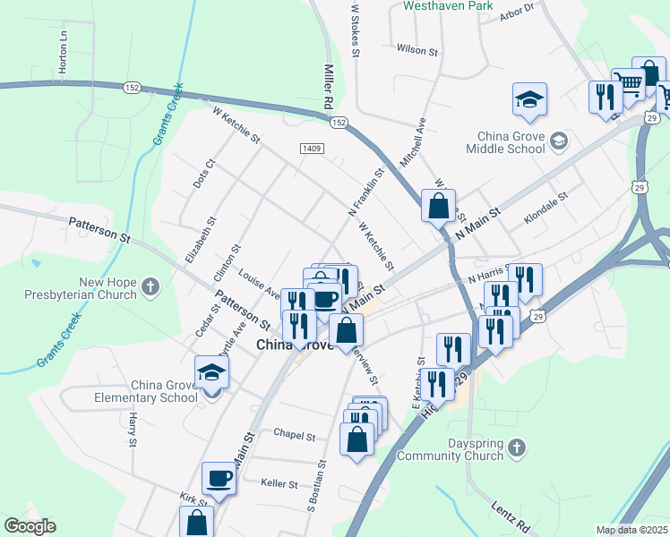 map of restaurants, bars, coffee shops, grocery stores, and more near 210 Swink Street in China Grove