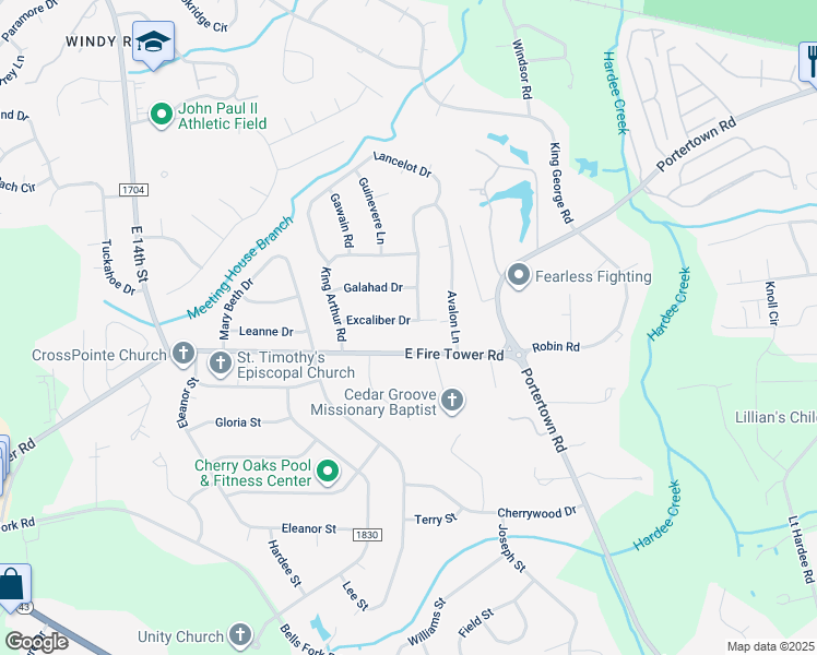 map of restaurants, bars, coffee shops, grocery stores, and more near 114 Excaliber Drive in Greenville