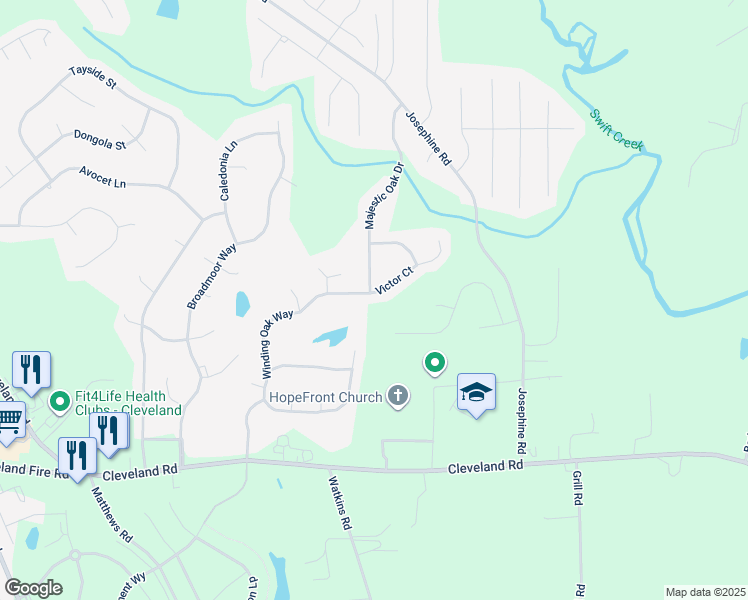 map of restaurants, bars, coffee shops, grocery stores, and more near 94 Victor Court in Garner