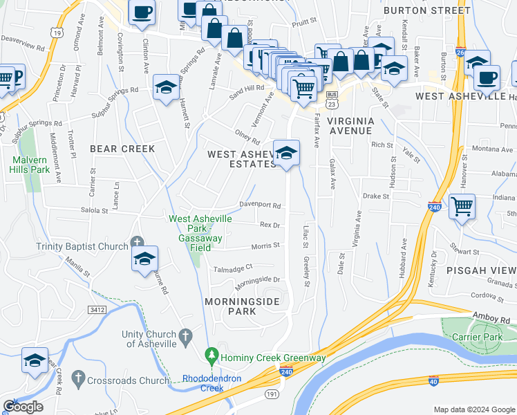 map of restaurants, bars, coffee shops, grocery stores, and more near 42 Davenport Road in Asheville