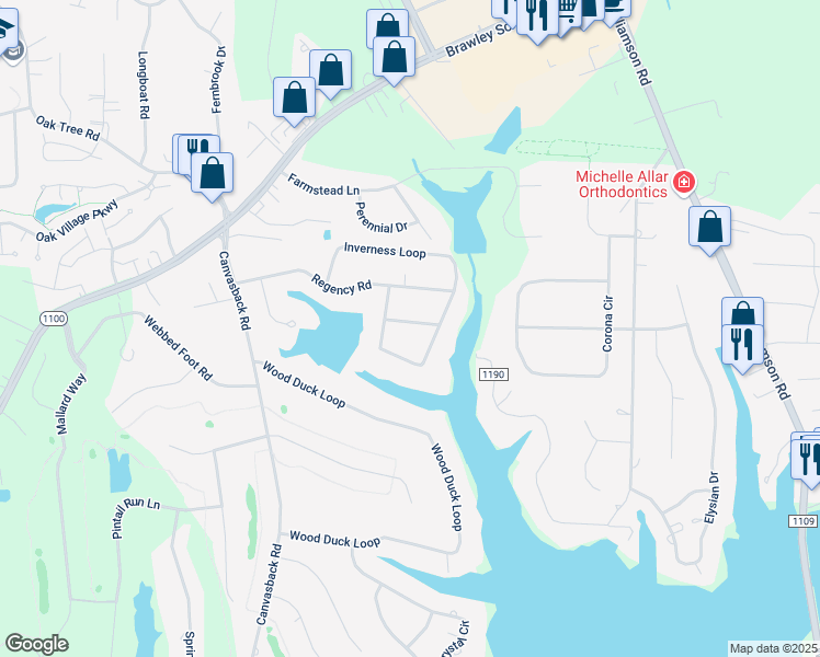 map of restaurants, bars, coffee shops, grocery stores, and more near 114 Shall Mar Lane in Mooresville