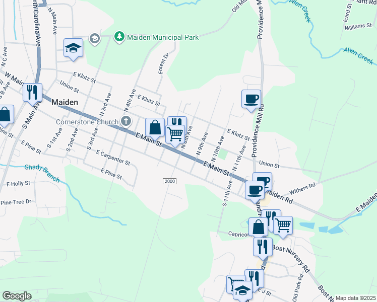 map of restaurants, bars, coffee shops, grocery stores, and more near 805 East Main Street in Maiden