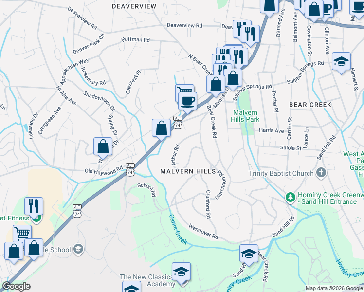 map of restaurants, bars, coffee shops, grocery stores, and more near 141 Arthur Road in Asheville