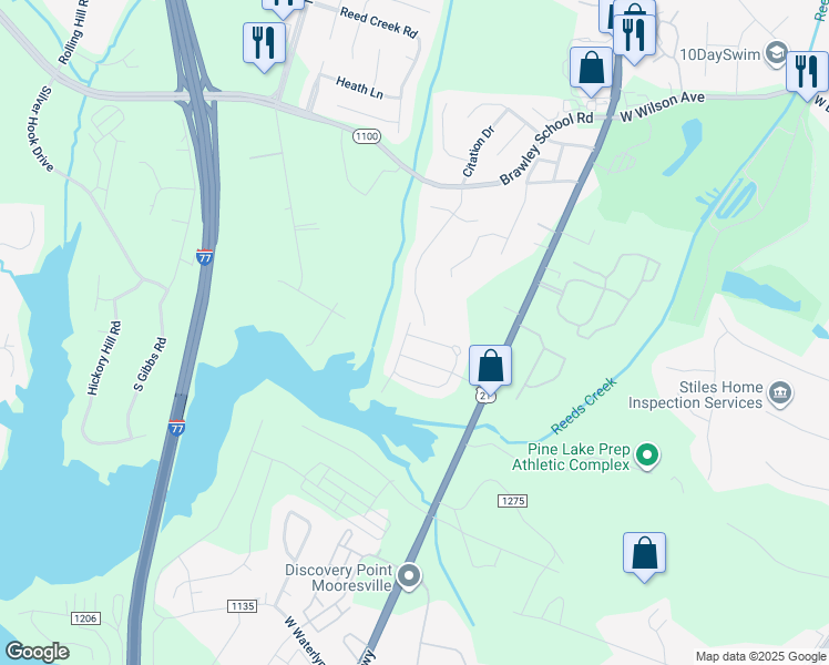 map of restaurants, bars, coffee shops, grocery stores, and more near 170 North Arcadian Way in Mooresville