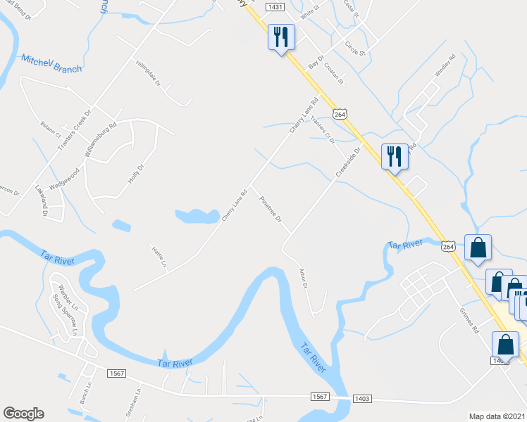 map of restaurants, bars, coffee shops, grocery stores, and more near 101-119 Pinetree Drive in Washington