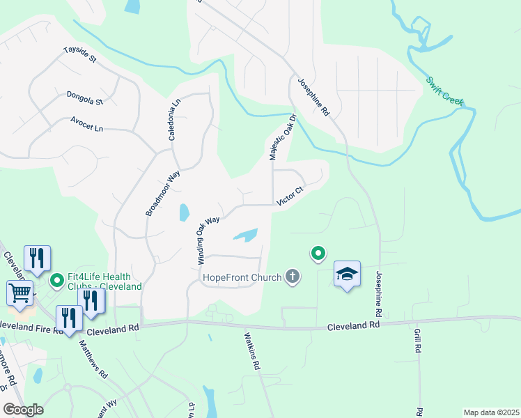 map of restaurants, bars, coffee shops, grocery stores, and more near 29 Winding Oak Way in Clayton