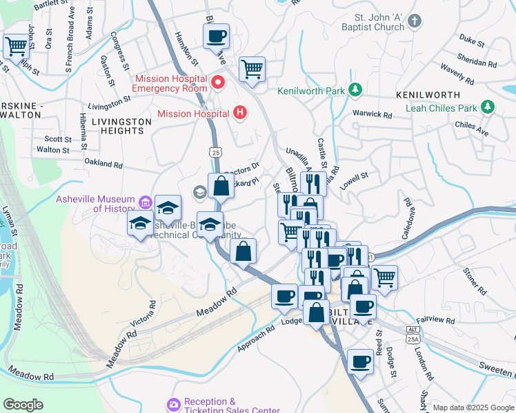 map of restaurants, bars, coffee shops, grocery stores, and more near 85 Saint Dunstans Road in Asheville