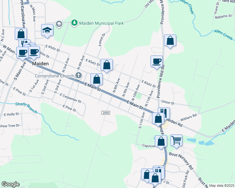 map of restaurants, bars, coffee shops, grocery stores, and more near 805 East Main Street in Maiden
