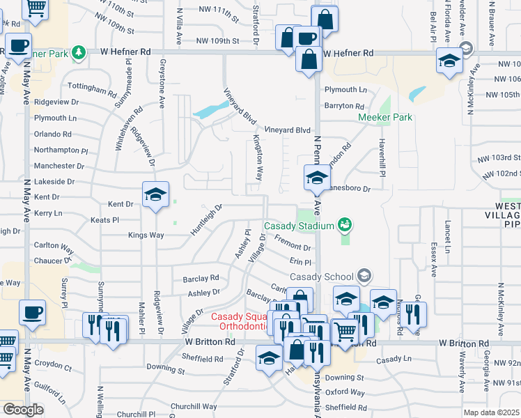 map of restaurants, bars, coffee shops, grocery stores, and more near 2200 Huntleigh Drive in The Village