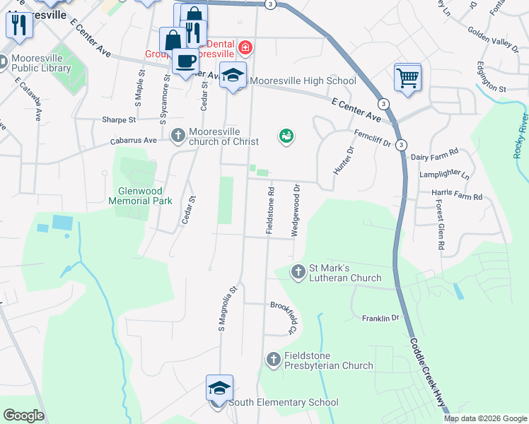 map of restaurants, bars, coffee shops, grocery stores, and more near 345 Fieldstone Road in Mooresville