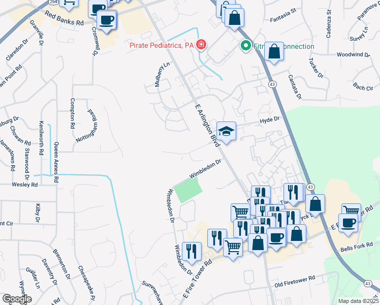 map of restaurants, bars, coffee shops, grocery stores, and more near Stonehenge Drive in Greenville